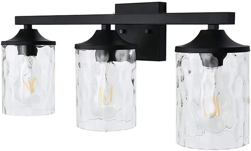 3-Light Wall Light Fixture, Modern Bathroom Vanity Light Fixtures, Matte Black Sconce Wall Lights with Glass Shade, Wall Mount Lighting Mirror Lamp for Bathroom Indoor Wall Lights