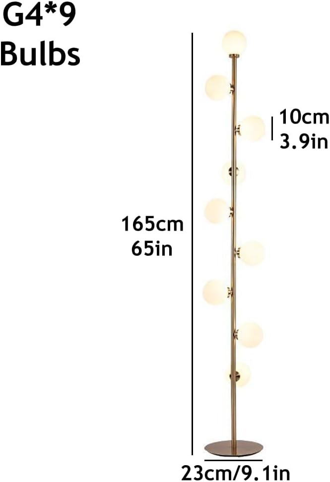 Nordic 9-Light 65" Globe Glass Floor Lamp Golden Floor Light LED G4*9 Tall Lamp with Frosted Glass Iron Standing Light for Living Room Study Bedroom Villa Sofa Area
