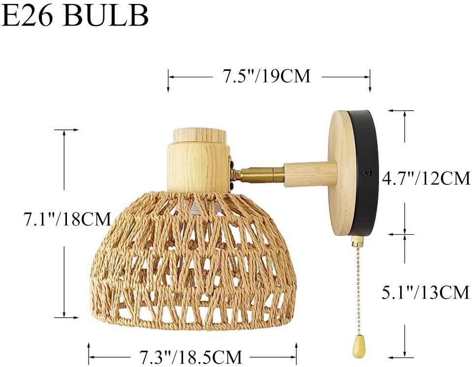 TRIVIDHA Natural Rattan Wall Lamp With Switch Foldable Bedside Wall Sconce Hand-woven Wicker Shade Wall Lantern Adjustable Angle E27 Wall Mount Lighting For Living Room Bedroom Hallway Stair