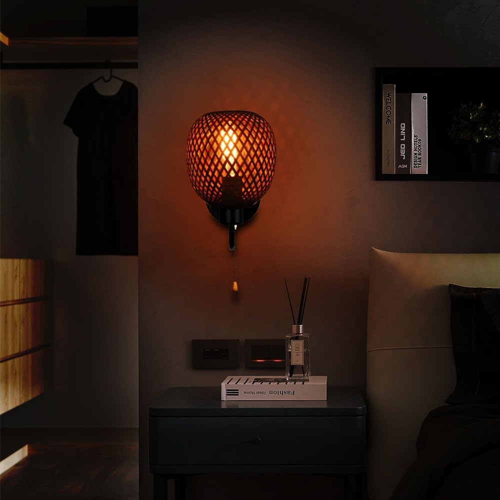 Mengjay Bamboo Boho Wall Lights,E27 Vintage Wooden Wall Light with Rattan Lampshade, with Pull Cord Switch,Hand Woven Wall Lighting for Bedroom, Living Room, Hallway, Porch (B)