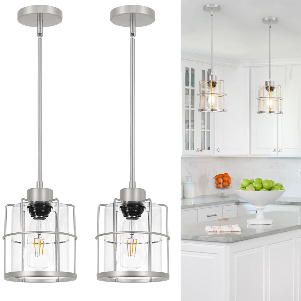 Farmhouse Pendant Lights Kitchen Island Set Of 2, Black Kitchen Island Lighting With Adjustable Rods, Industrial Cage Bathroom Pendant Lights With Clear Glass For Dining Room Hallway Sink