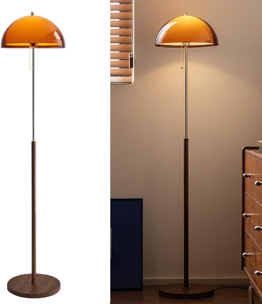 Mushroom Floor Lamp 60" Orange Floor Lamp Mid Century Globe Acrylic Standing Lamp with E27 3-Color Temperature MCM Wooden Tall Light for Living Room Bedroom Study Office (Includes Bulb)