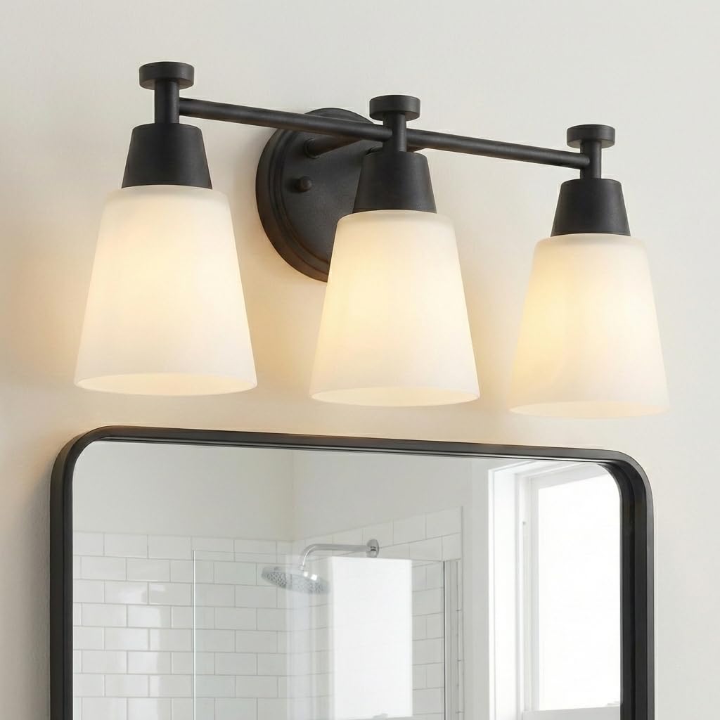 3-Light Matte Black Vanity Light, Frosted Glass Stainless Steel Wall Sconce for Bathroom Bedroom Living Room