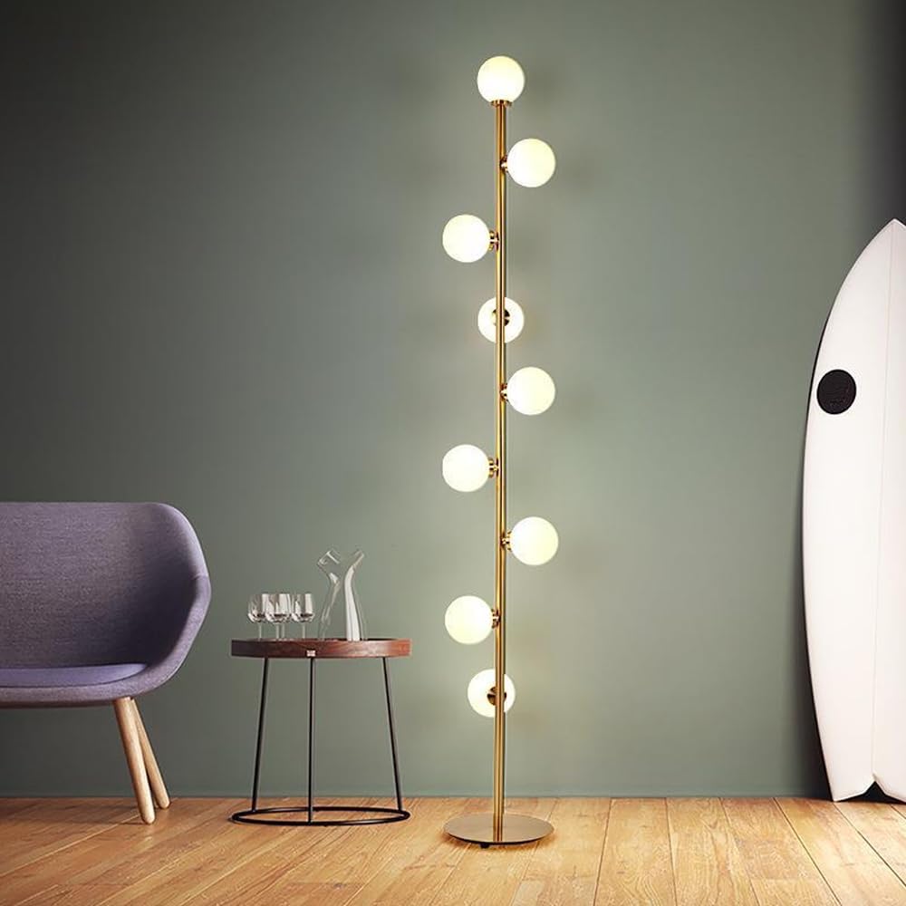 Nordic 9-Light 65" Globe Glass Floor Lamp Golden Floor Light LED G4*9 Tall Lamp with Frosted Glass Iron Standing Light for Living Room Study Bedroom Villa Sofa Area