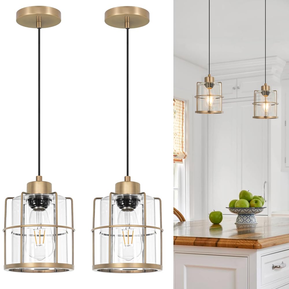 Farmhouse Pendant Lights Kitchen Island Set Of 2, Black Kitchen Island Lighting With Adjustable Rods, Industrial Cage Bathroom Pendant Lights With Clear Glass For Dining Room Hallway Sink