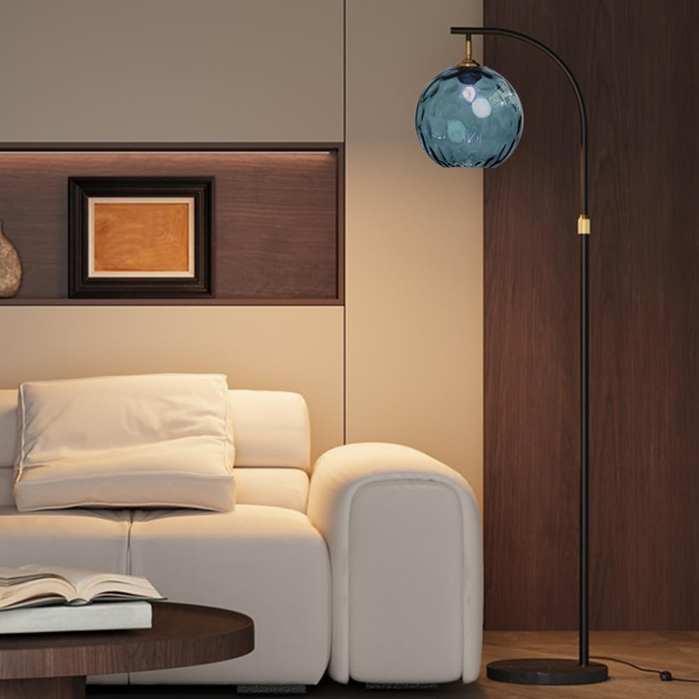 Nordic Orange Glass Floor Lamp Arc Height Adjustable Floor Light Marble Base Tall Lamp with Globe Glass E26 Dimmable Standing Fixtures for Living Room Sofa Area Study Bedroom