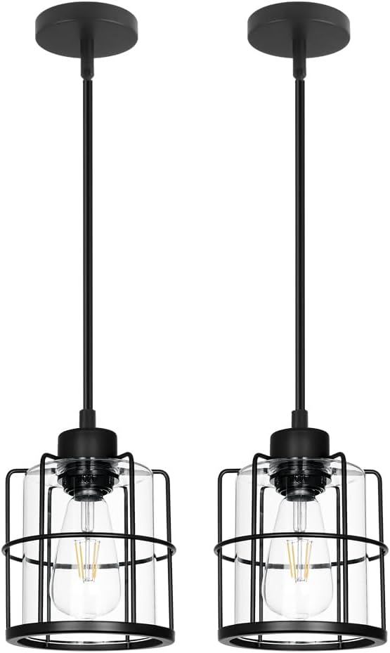 Farmhouse Pendant Lights Kitchen Island Set Of 2, Black Kitchen Island Lighting With Adjustable Rods, Industrial Cage Bathroom Pendant Lights With Clear Glass For Dining Room Hallway Sink