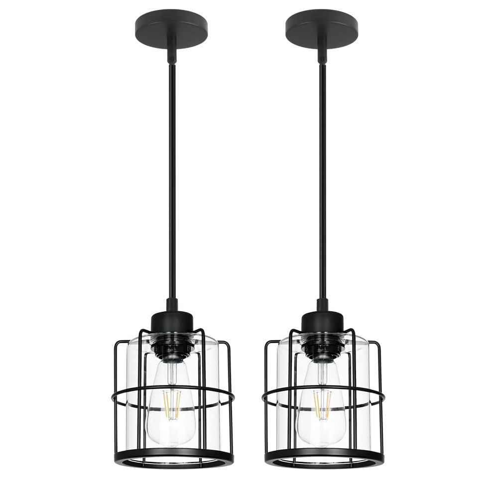 Farmhouse Pendant Lights Kitchen Island Set Of 2, Black Kitchen Island Lighting With Adjustable Rods, Industrial Cage Bathroom Pendant Lights With Clear Glass For Dining Room Hallway Sink