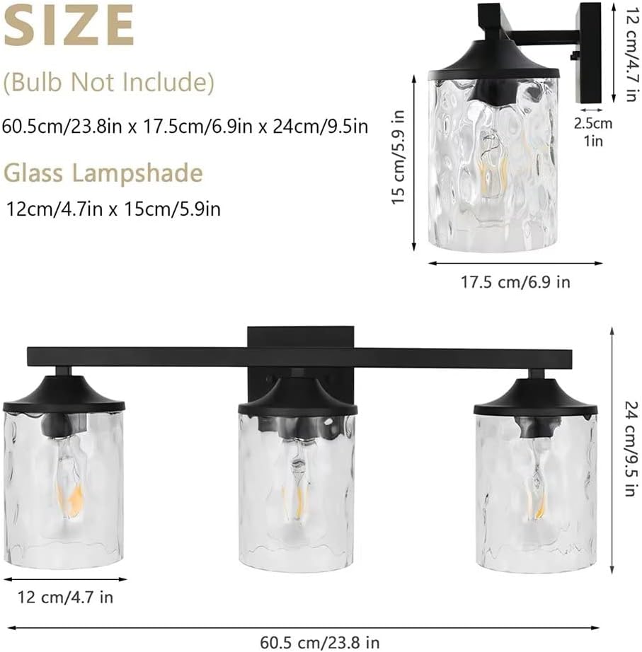 3-Light Wall Light Fixture, Modern Bathroom Vanity Light Fixtures, Matte Black Sconce Wall Lights with Glass Shade, Wall Mount Lighting Mirror Lamp for Bathroom Indoor Wall Lights