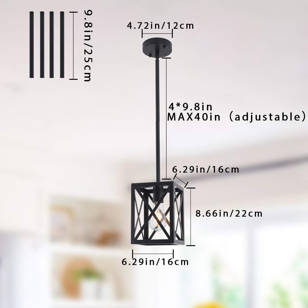 Industrial Pendant Light Fixture, Single Light Black Mini Hanging Chandelier Farmhouse Kitchen Island Lantern Cage Ceiling Lights for Dining Room Restaurant Cafe Hallway Bar Barn