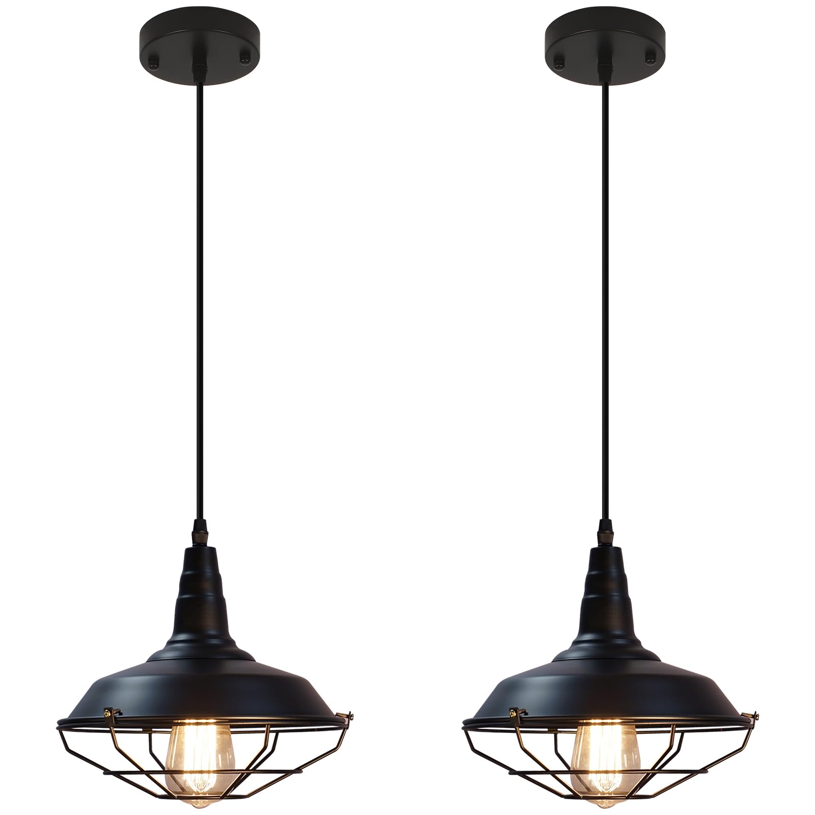 Farmhouse Pendant Light 2 Pack, 10.2" Black Pendant Lights Kitchen Island, Industrial Vintage Light Fixtures Metal Wire Cage Pendant Lighting, Island Lights for Kitchen Dining Room