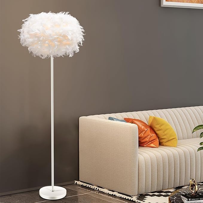 Feather Floor Lamp,Modern Floor Lamp for Living Room,55" Standing Lamp,White Feather Floor Light for Bedroom,Study,Nursery,Home Office Decoration(E27 Base Holder)