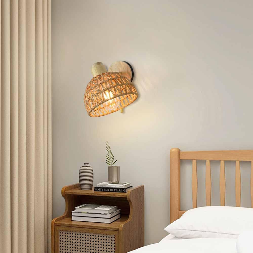 TRIVIDHA Natural Rattan Wall Lamp With Switch Foldable Bedside Wall Sconce Hand-woven Wicker Shade Wall Lantern Adjustable Angle E27 Wall Mount Lighting For Living Room Bedroom Hallway Stair