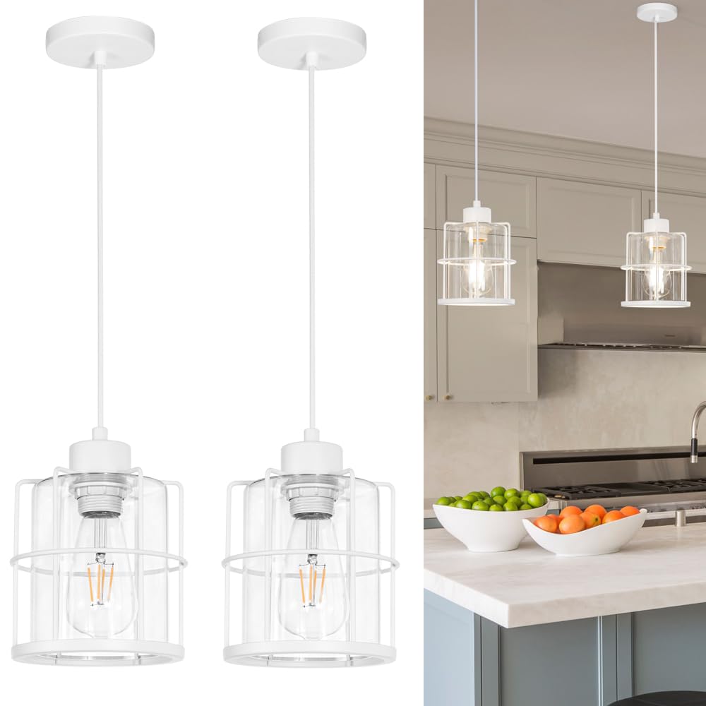 Farmhouse Pendant Lights Kitchen Island Set Of 2, Black Kitchen Island Lighting With Adjustable Rods, Industrial Cage Bathroom Pendant Lights With Clear Glass For Dining Room Hallway Sink