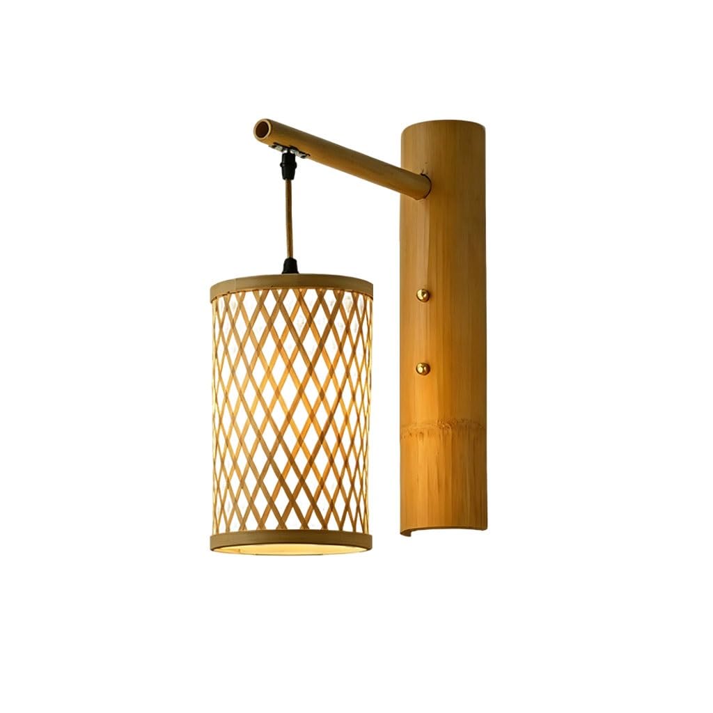 Indoor Bamboo Woven Wall Lamp Handwoven Rattan Wall Light E27 Retro Boho Wall Sconce Rustic Bamboo Lantern Light Fixture Farmhouse Wall Lighting for Living Room/Bedroom(A)