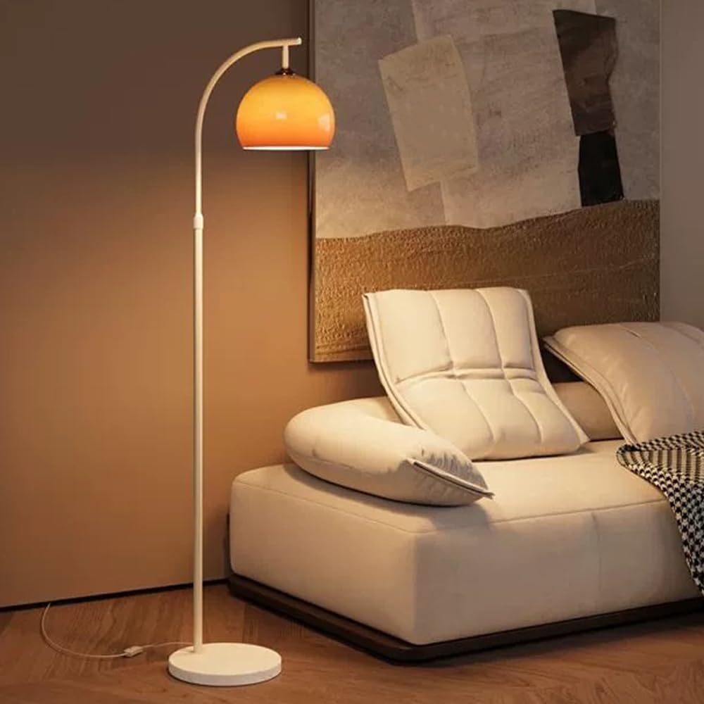 Nordic Orange Glass Floor Lamp Arc Height Adjustable Floor Light Marble Base Tall Lamp with Globe Glass E26 Dimmable Standing Fixtures for Living Room Sofa Area Study Bedroom