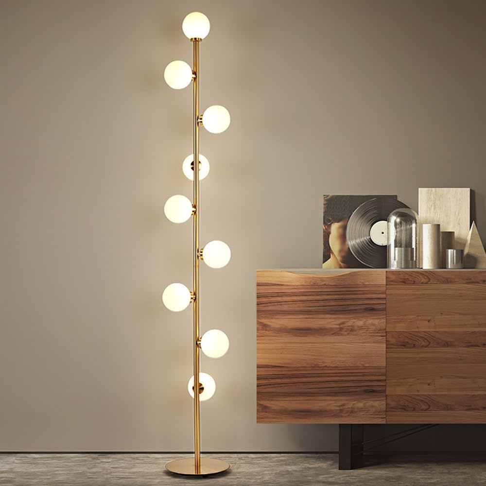 Nordic 9-Light 65" Globe Glass Floor Lamp Golden Floor Light LED G4*9 Tall Lamp with Frosted Glass Iron Standing Light for Living Room Study Bedroom Villa Sofa Area