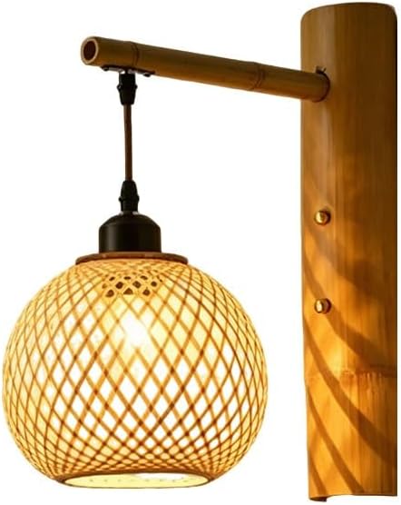 Indoor Bamboo Woven Wall Lamp Handwoven Rattan Wall Light E27 Retro Boho Wall Sconce Rustic Bamboo Lantern Light Fixture Farmhouse Wall Lighting for Living Room/Bedroom(A)