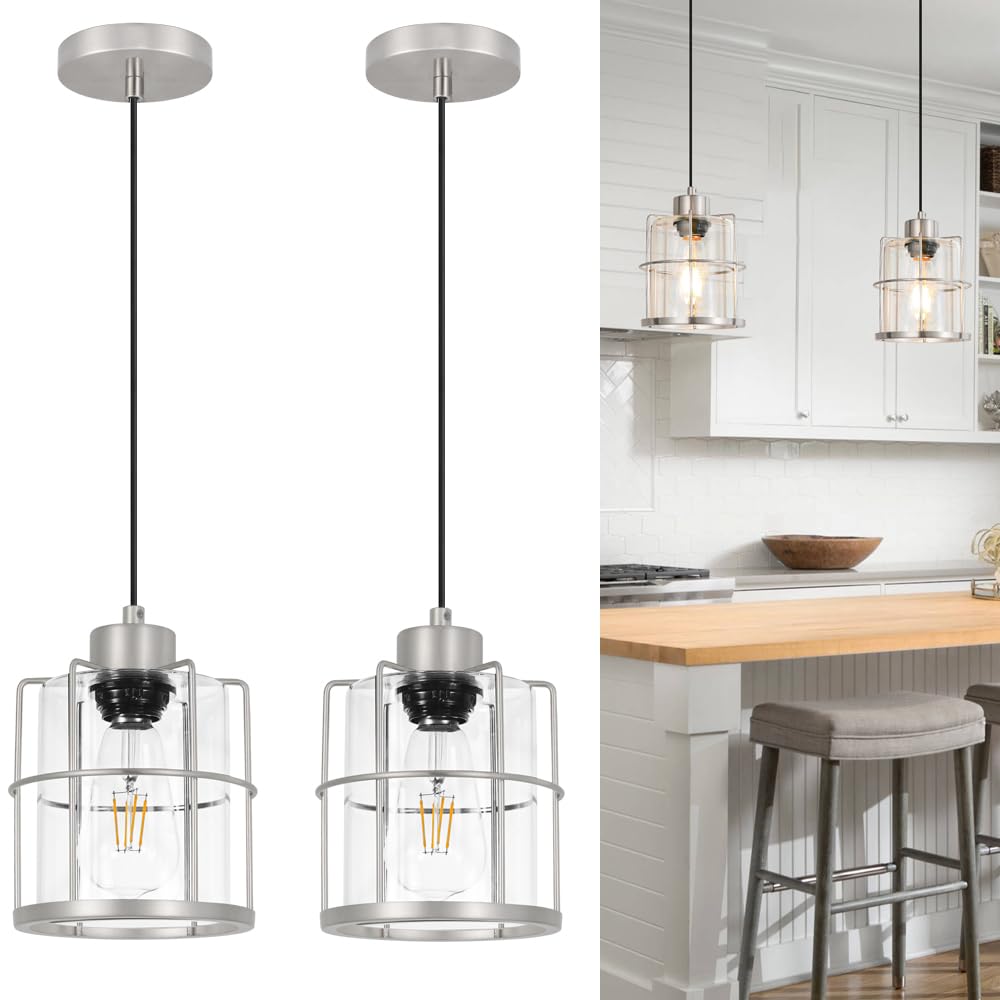 Farmhouse Pendant Lights Kitchen Island Set Of 2, Black Kitchen Island Lighting With Adjustable Rods, Industrial Cage Bathroom Pendant Lights With Clear Glass For Dining Room Hallway Sink