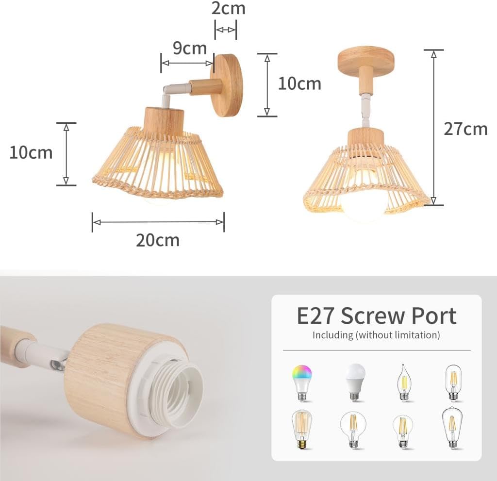Set of 2 Woven Bamboo Wall Lamp Wooden Indoor Adjustable Vintage Light for Bedroom, Living Room, Hallway, Restaurant
