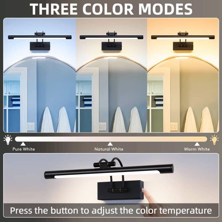 LED Picture Lights for Wall Black Bathroom Wall Light 40CM 8W 3CCT Vanity Lighting, 170° Adjustable Black Wall Lamp for Mirror Cabinet