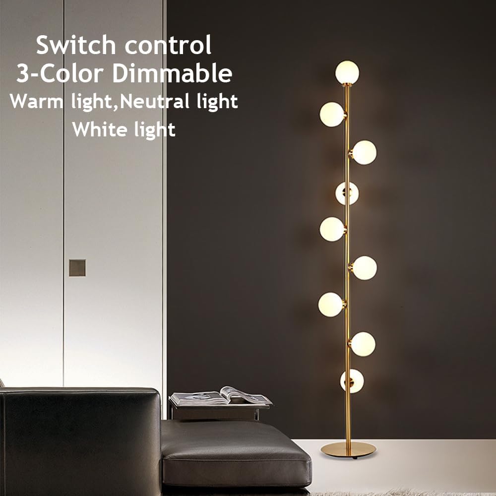 Nordic 9-Light 65" Globe Glass Floor Lamp Golden Floor Light LED G4*9 Tall Lamp with Frosted Glass Iron Standing Light for Living Room Study Bedroom Villa Sofa Area