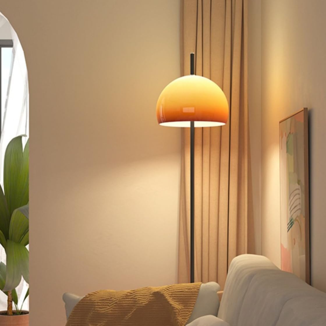 Bauhaus Style Orange Glass Floor Lamp Dome Shaped Mid Century Modern Mushroom Standing Lamp Art Deco Tall Lamp Nordic Floor Light for Living Room Bedroom - Black Base