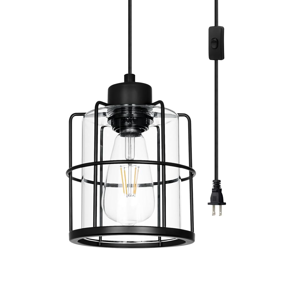 Farmhouse Pendant Lights Kitchen Island Set Of 2, Black Kitchen Island Lighting With Adjustable Rods, Industrial Cage Bathroom Pendant Lights With Clear Glass For Dining Room Hallway Sink