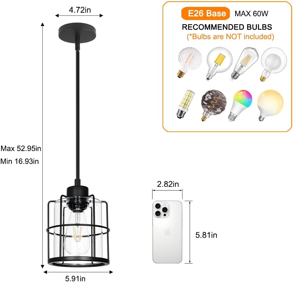 Farmhouse Pendant Lights Kitchen Island Set Of 2, Black Kitchen Island Lighting With Adjustable Rods, Industrial Cage Bathroom Pendant Lights With Clear Glass For Dining Room Hallway Sink