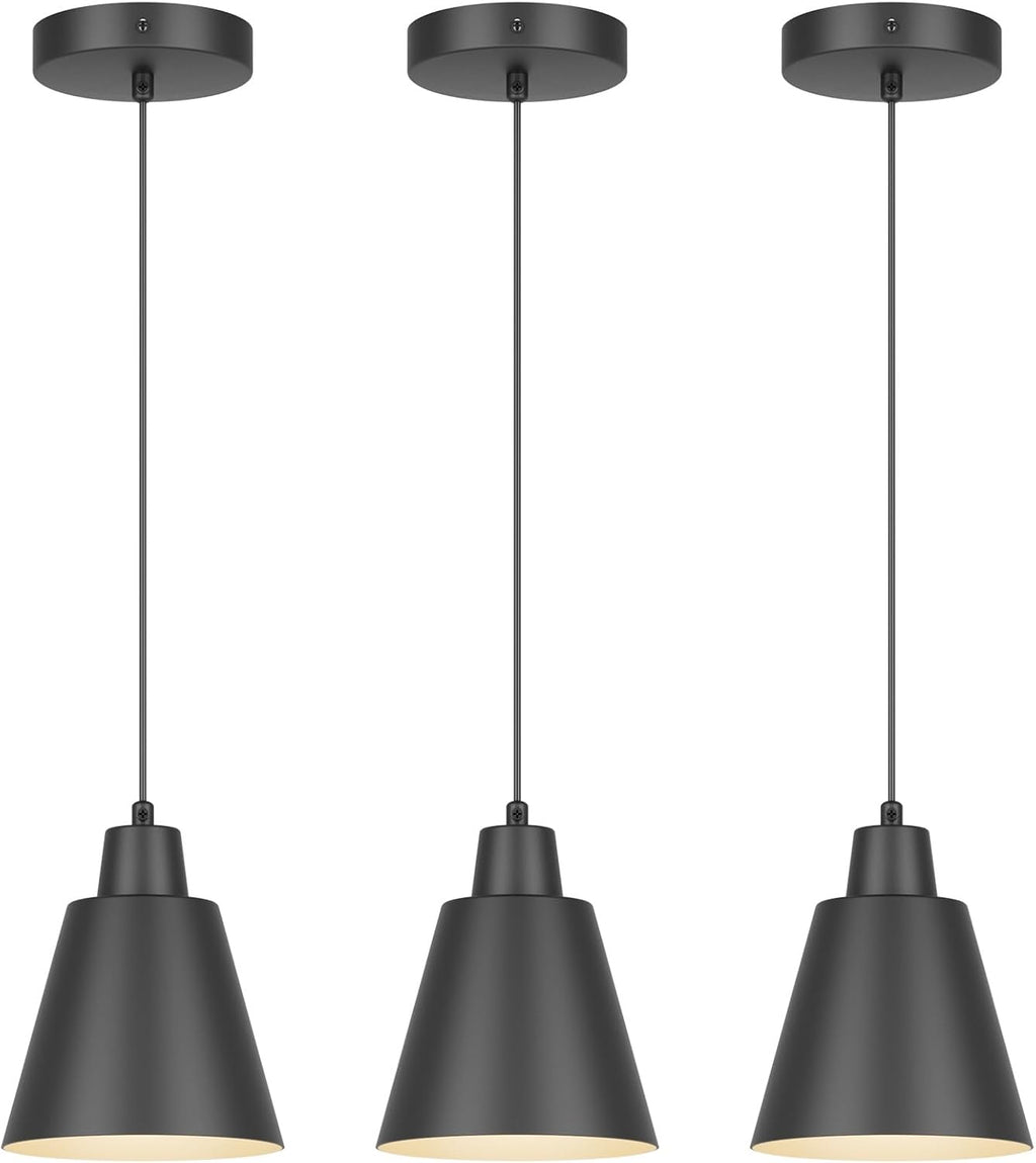 Industrial Pendant Lights, Black Pendant Light Fixtures, Vintage Kitchen Island Light with Black Metal Shade, Farmhouse Pendant Lights for Dinning Table Bedroom Bar - Black, 3 Packs