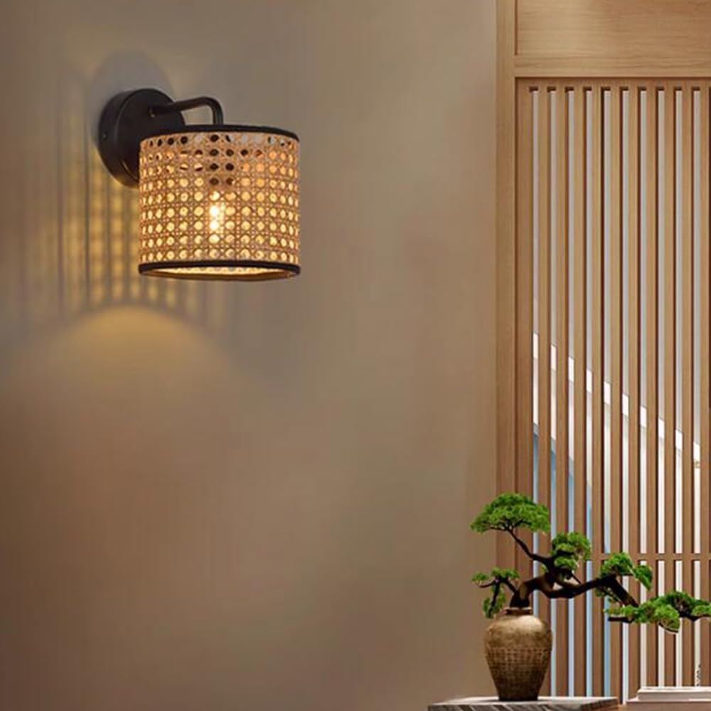 Bamboo Wall Light Indoor E27 Wall Lamp Rattan Lampshade Vintage Wall Lighting For Bedroom Living Room Dining Room Restaurant Hallway Staircase Interior Lighting