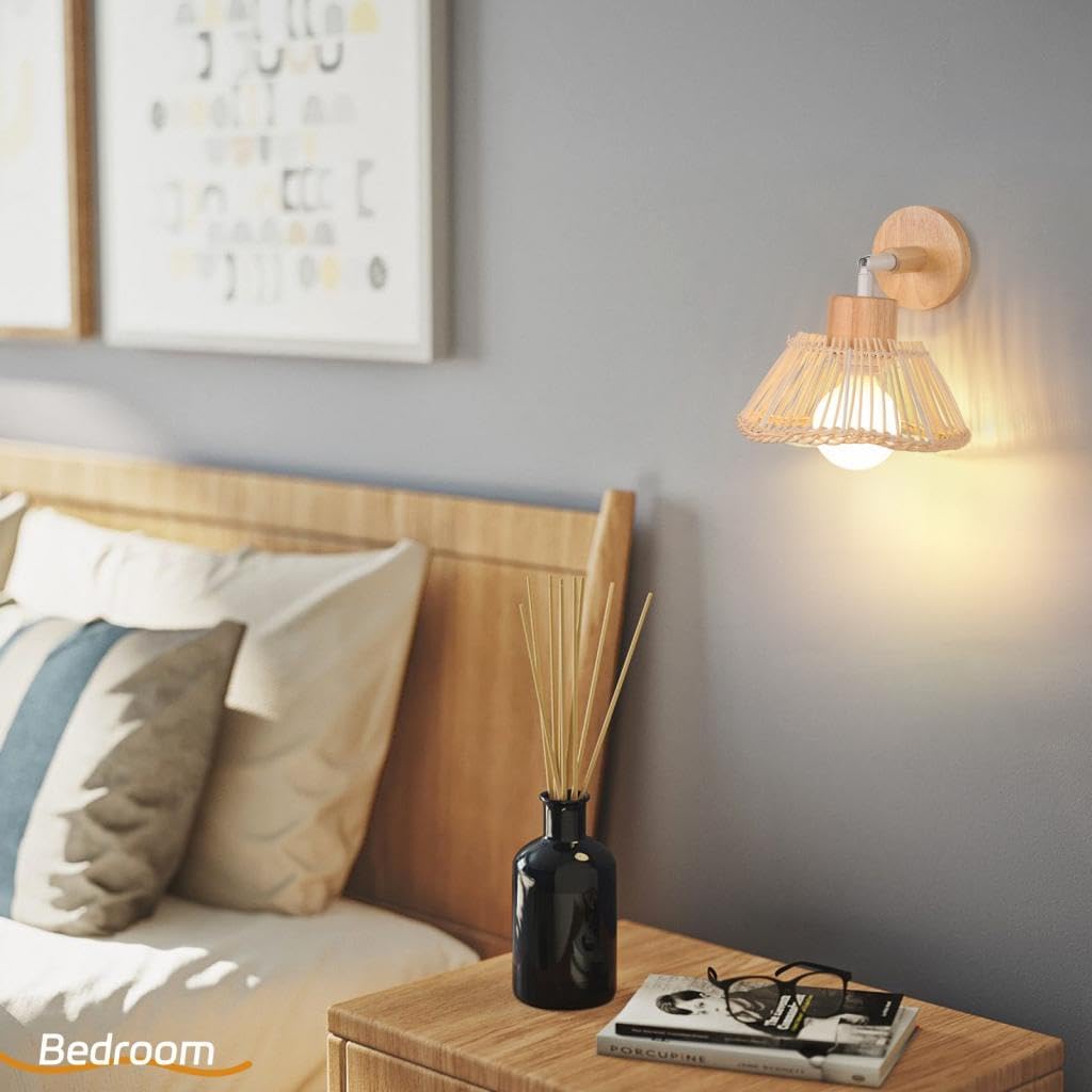 Set of 2 Woven Bamboo Wall Lamp Wooden Indoor Adjustable Vintage Light for Bedroom, Living Room, Hallway, Restaurant