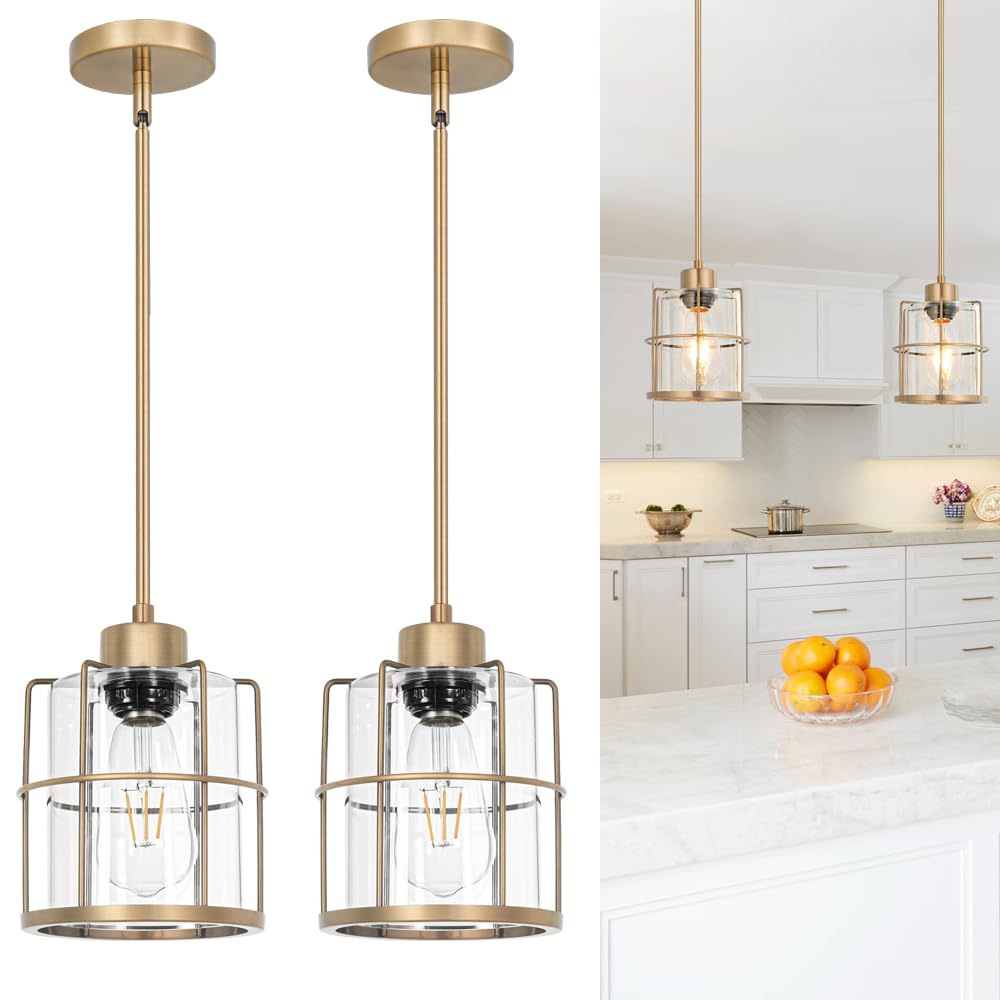 Farmhouse Pendant Lights Kitchen Island Set Of 2, Black Kitchen Island Lighting With Adjustable Rods, Industrial Cage Bathroom Pendant Lights With Clear Glass For Dining Room Hallway Sink