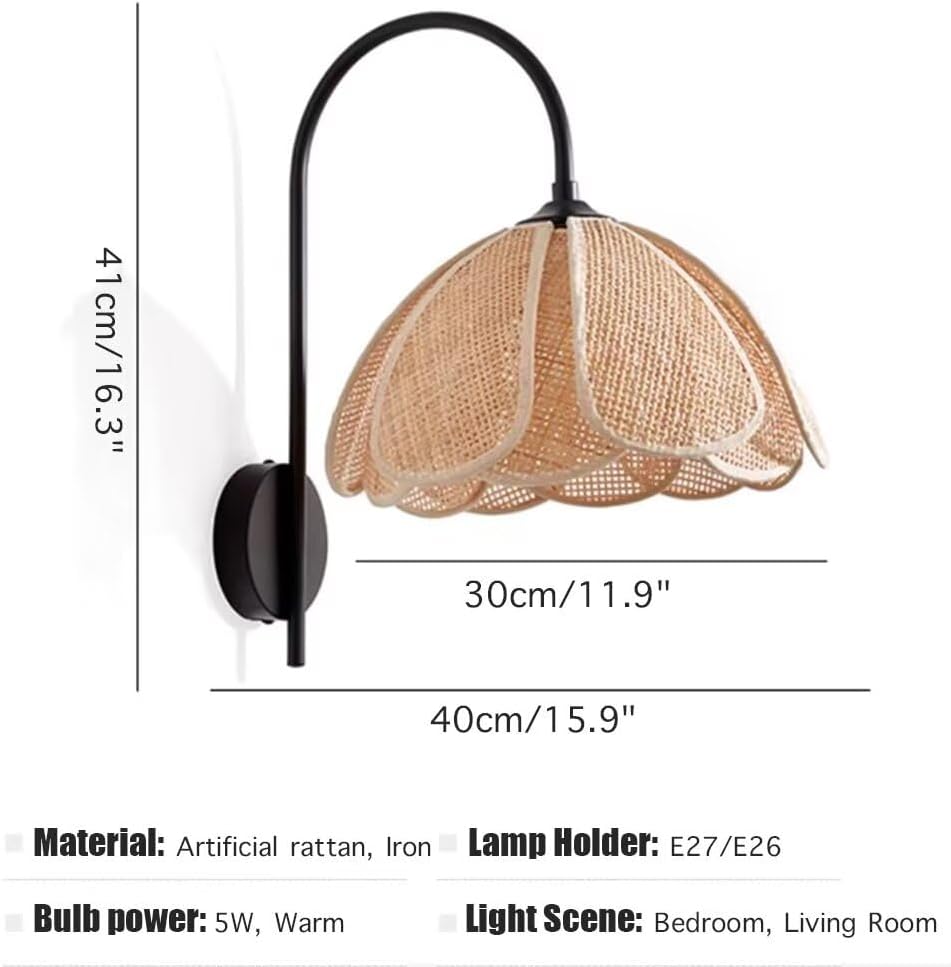 Creative Petal-Shaped Wall Light Rattan Woven Wall Lamp Pastoral Style Bedside Lamp Decorative Wall Lighting Fixture for for Bedroom,Hotel