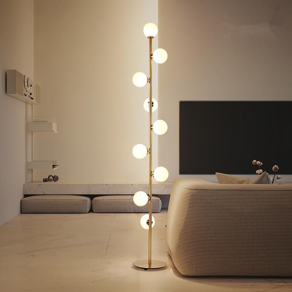 Nordic 9-Light 65" Globe Glass Floor Lamp Golden Floor Light LED G4*9 Tall Lamp with Frosted Glass Iron Standing Light for Living Room Study Bedroom Villa Sofa Area