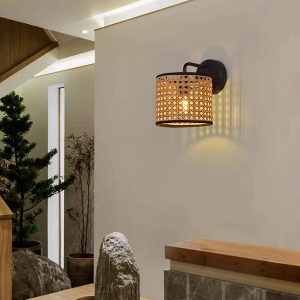 Bamboo Wall Light Indoor E27 Wall Lamp Rattan Lampshade Vintage Wall Lighting For Bedroom Living Room Dining Room Restaurant Hallway Staircase Interior Lighting