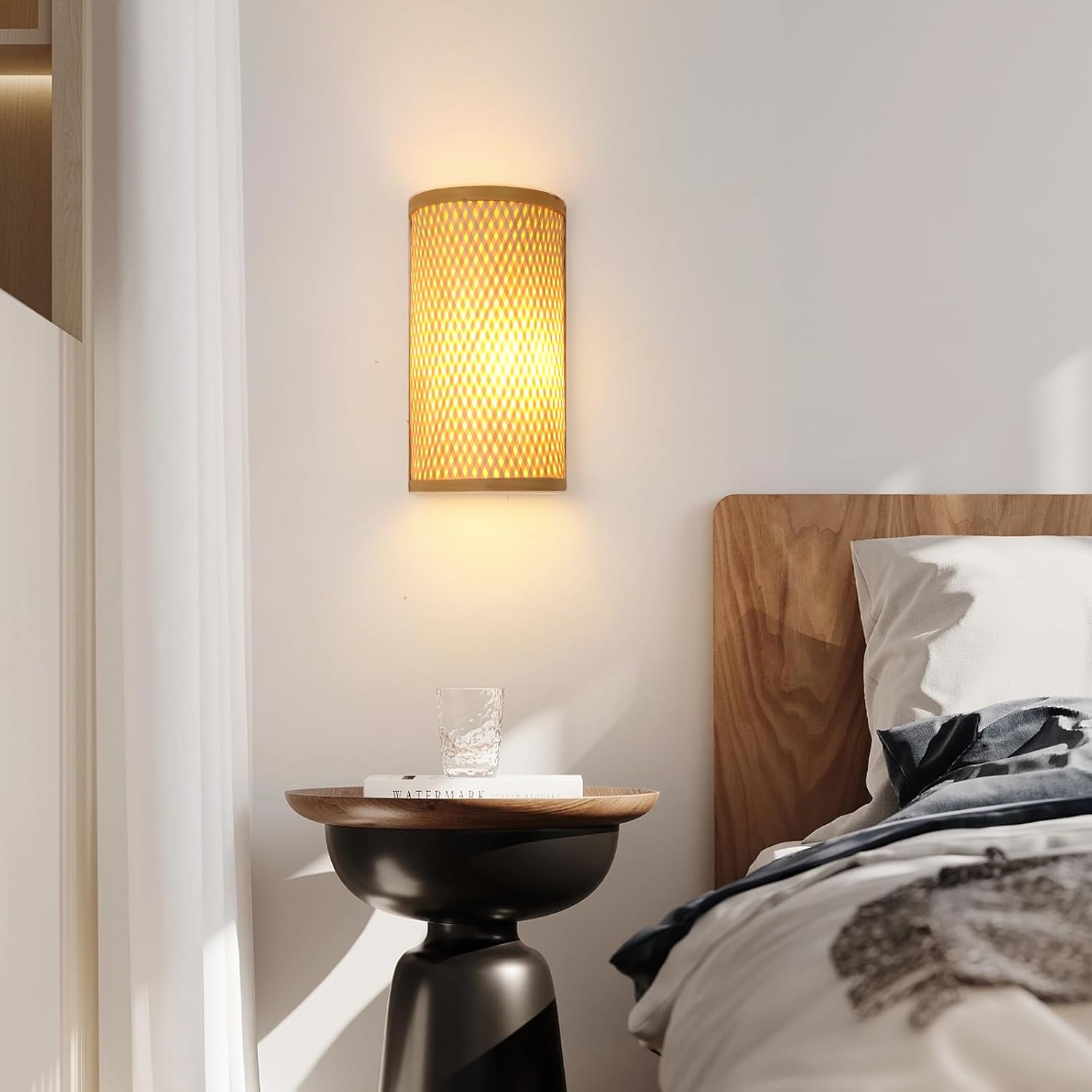 Wall Lights Bamboo Wood,Boho Lamp Wall Lights for Living Room Vintage Rustic Decor E27 Hand Woven Wall Light for House Bedroom Bedside
