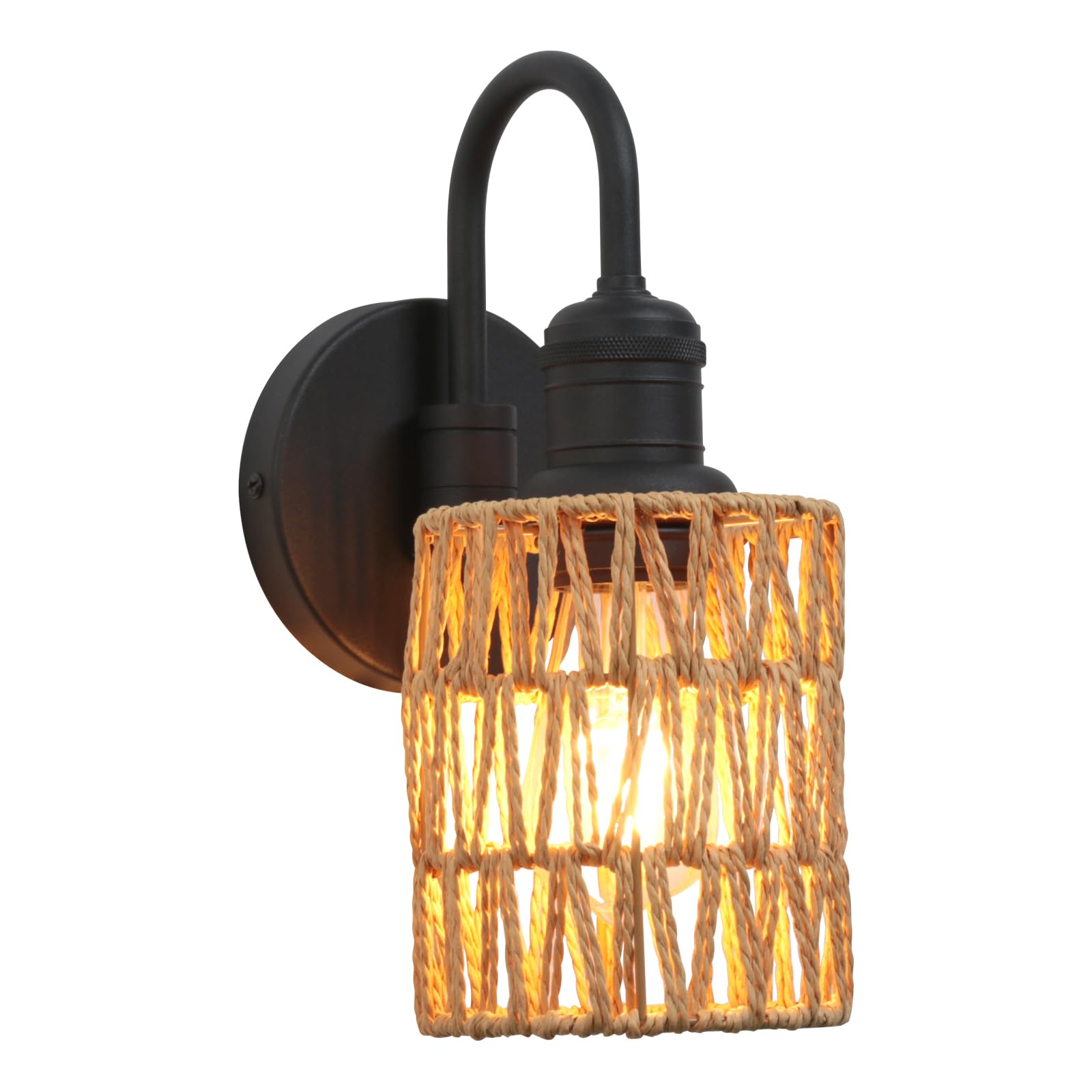 1-Light Vintage Rattan Shade Gooseneck Wall Sconce, Hardwired Lamp for Hallway Bedroom Living Room