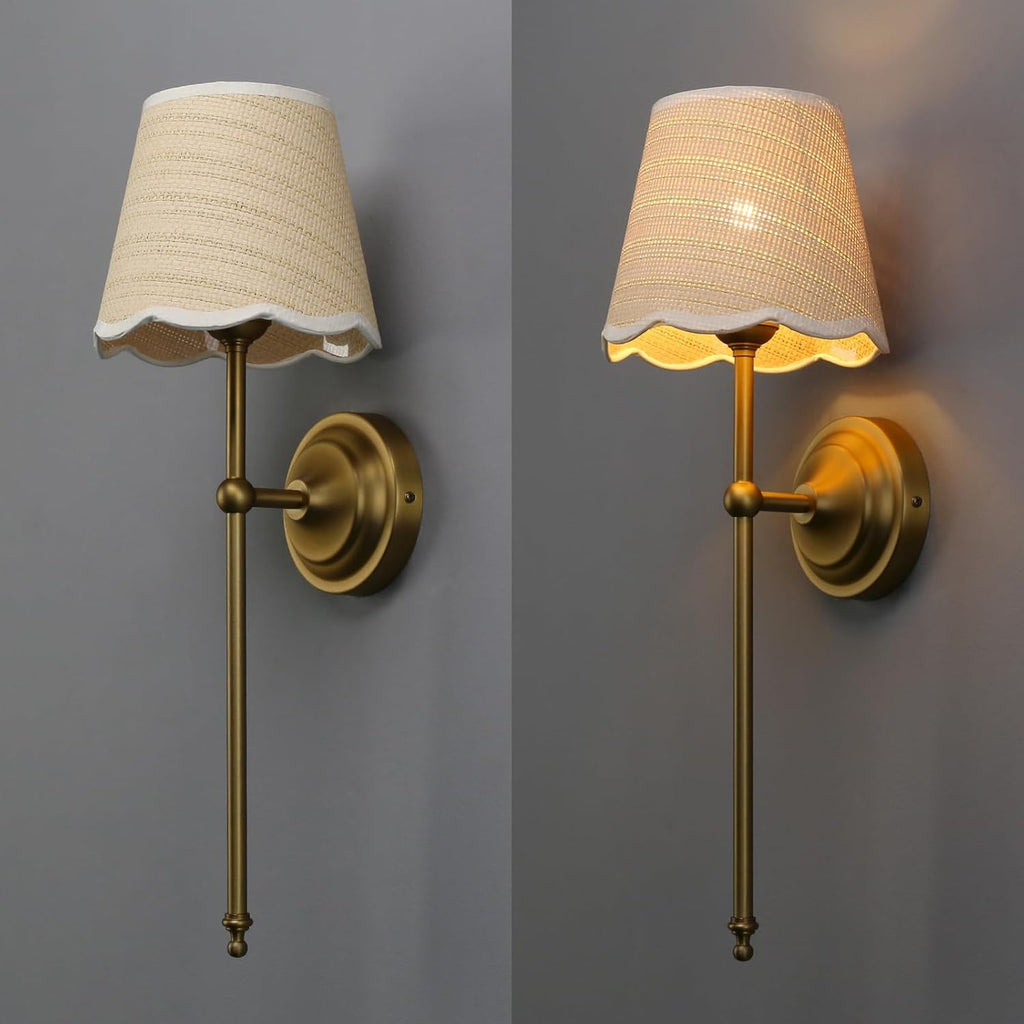 Industrial Vintage Wall Light Sconce, Boho Rattan Shade with Long Arm Antique Brass Wall Mounted Lamp, Rustic Indoor Up and Down Wall Light Fixture for Bedroom Living Room Hallway