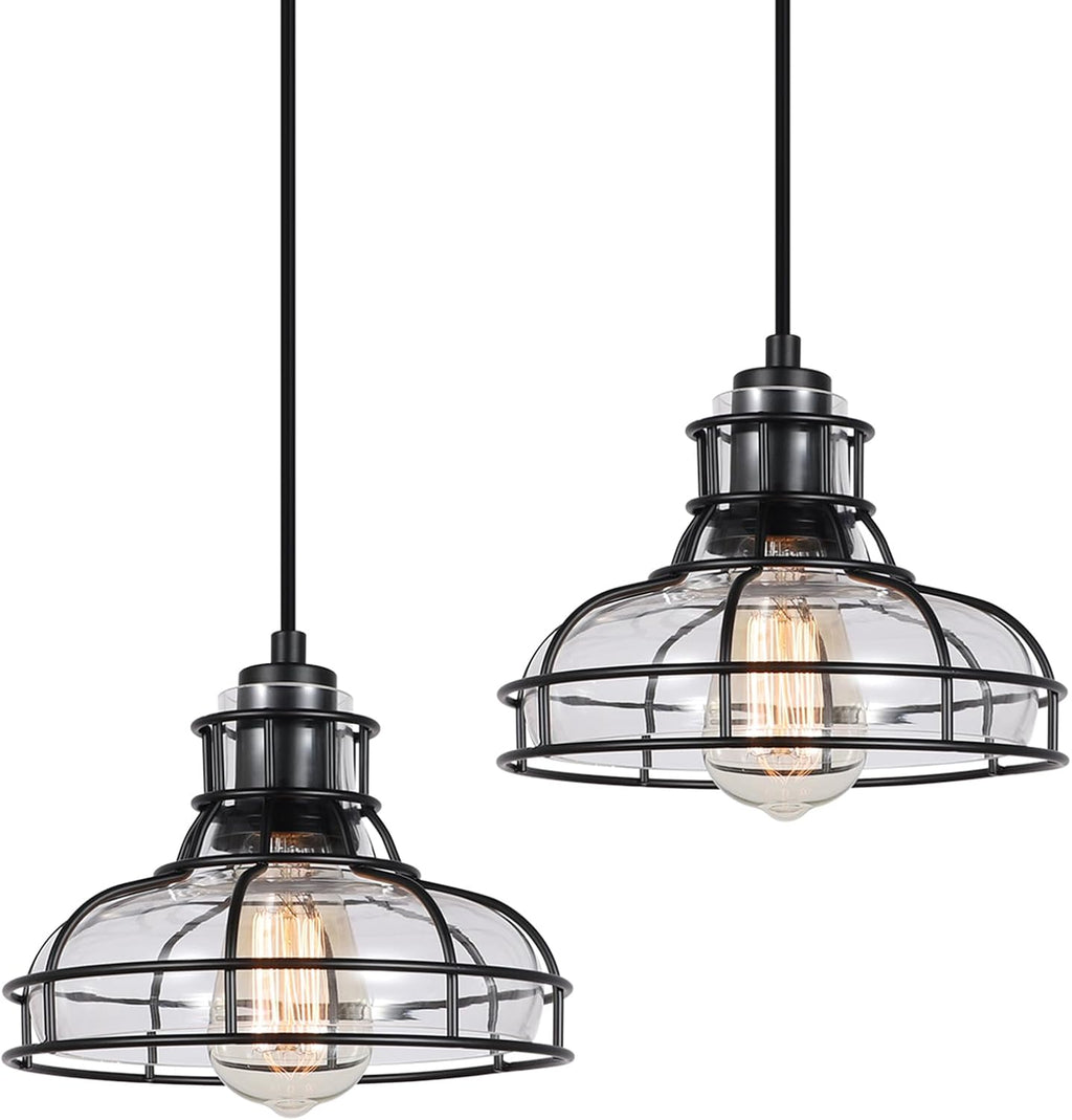 Industrial Pendant Lights Kitchen Island Black 8.7", 2 Pack Hanging Light Fixtures with Clear Glass and Metal Cage, Farmhouse Kitchen Pendant Light for Dining Room, Bedroom, Living Room