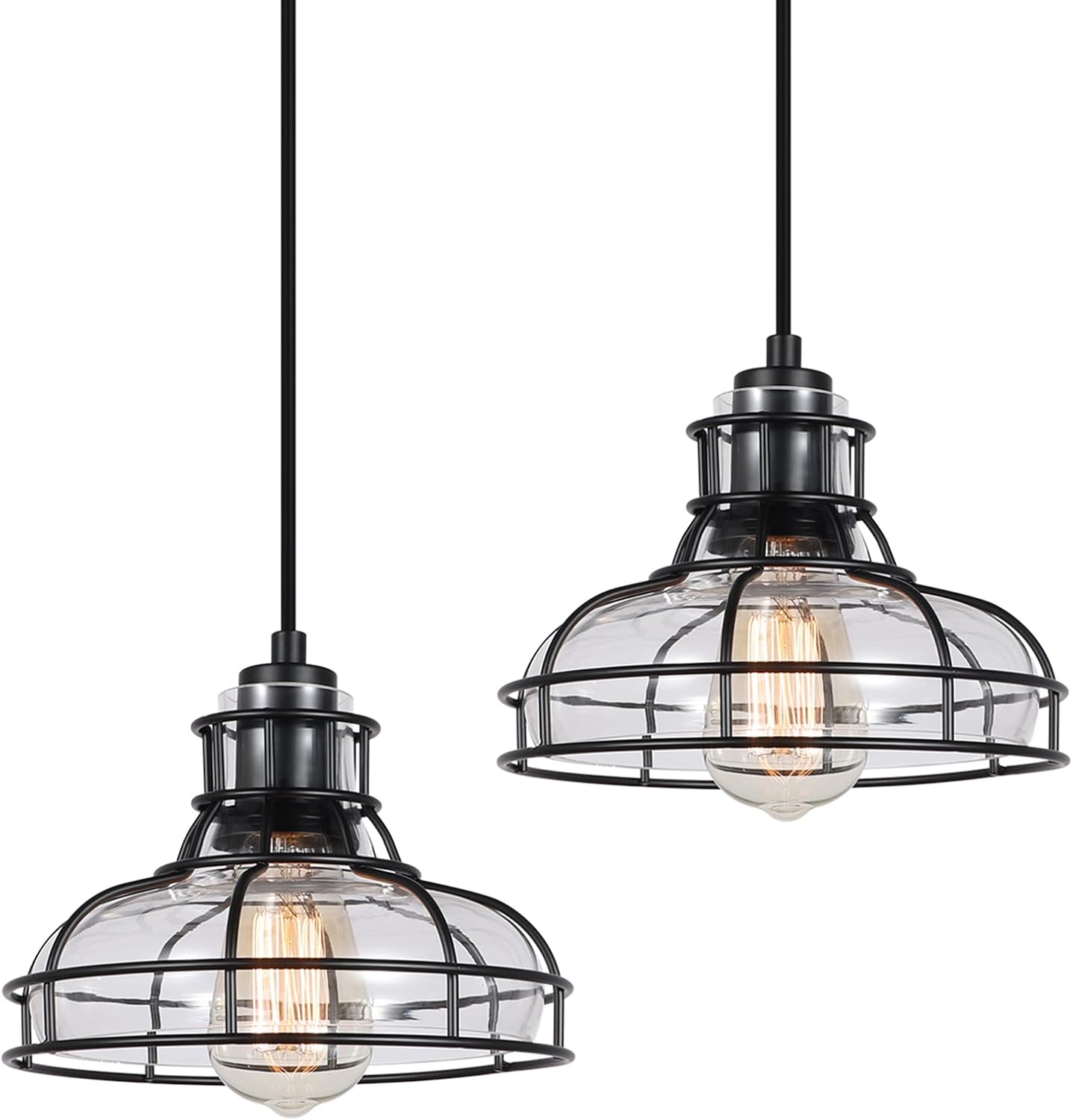 Industrial Pendant Lights Kitchen Island Black 8.7", 2 Pack Hanging Light Fixtures with Clear Glass and Metal Cage, Farmhouse Kitchen Pendant Light for Dining Room, Bedroom, Living Room