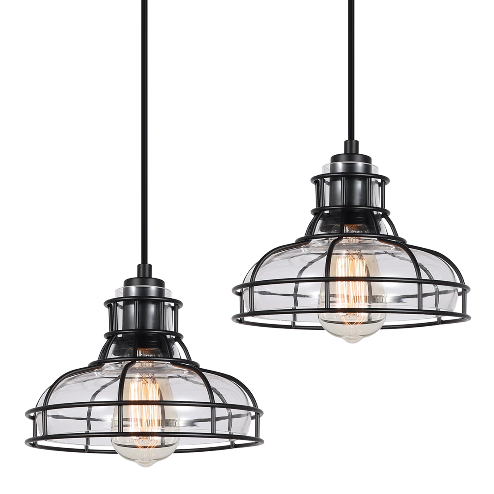 Industrial Pendant Lights Kitchen Island Black 8.7", 2 Pack Hanging Light Fixtures with Clear Glass and Metal Cage, Farmhouse Kitchen Pendant Light for Dining Room, Bedroom, Living Room