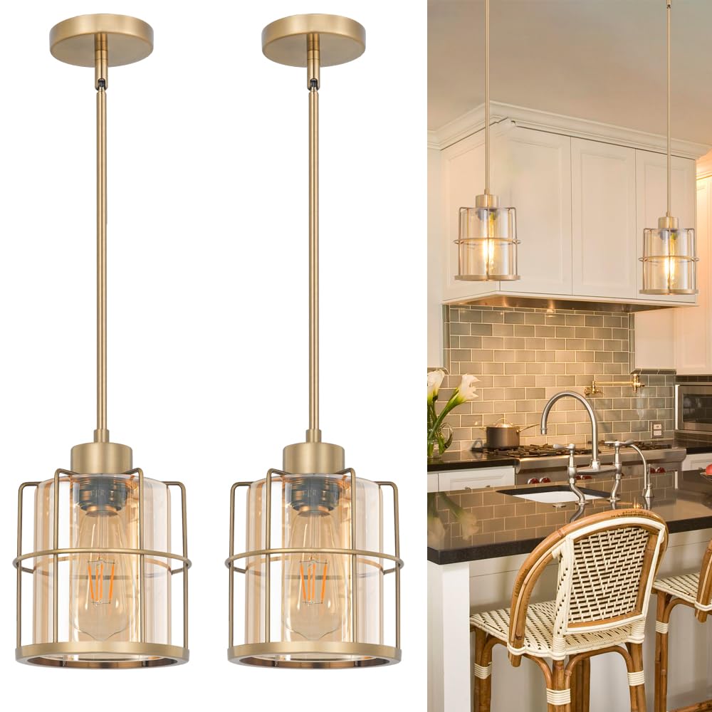 Farmhouse Pendant Lights Kitchen Island Set Of 2, Black Kitchen Island Lighting With Adjustable Rods, Industrial Cage Bathroom Pendant Lights With Clear Glass For Dining Room Hallway Sink
