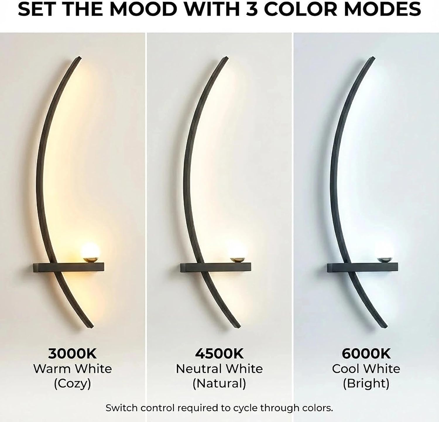 Modern Black Wall Sconces - 21.6" LED Linear Wall Lights for Bedroom & Living Room, 3-Color Dimmable Curved Art Decor Sconce Lamp for Hallway, Stairs & Vanity (Hardwired)(Black Left,55cm)