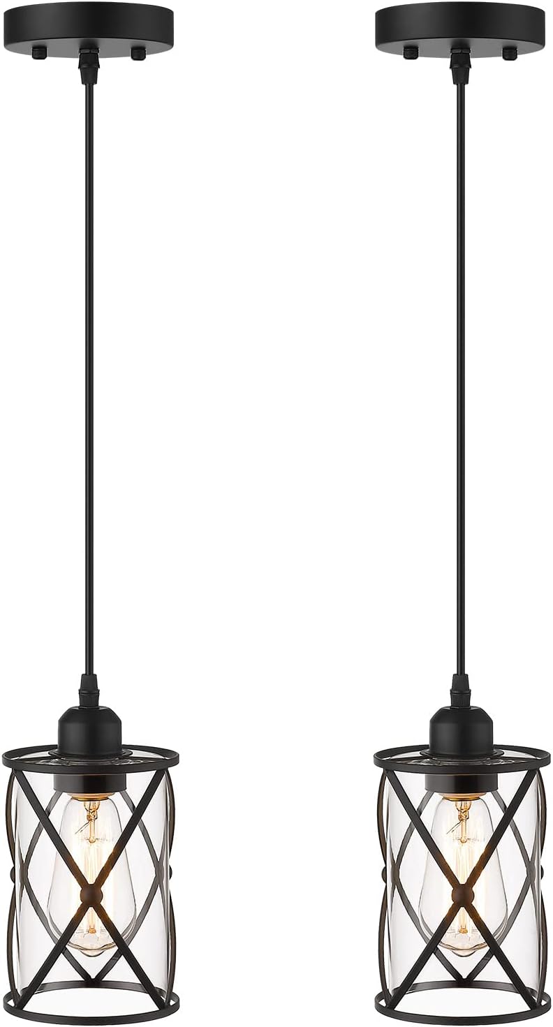 Glass Pendant Lights Kitchen Island 2 Pack, Black Mini Pendant Light with Clear Glass, Farmhouse Industrial Cage Hanging Lighting for Kitchen Sink Dining Room Bathroom, CH9176-1-2PK
