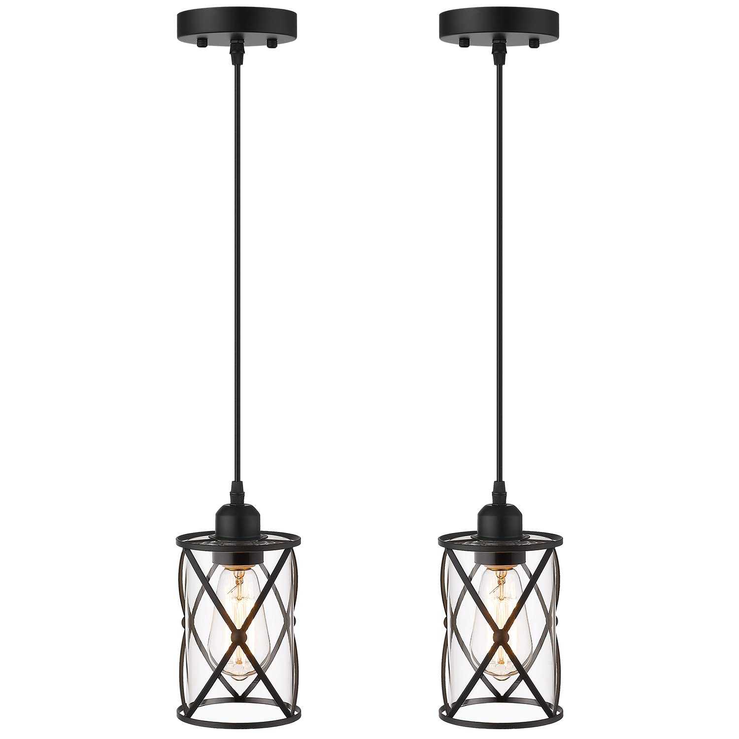 Glass Pendant Lights Kitchen Island 2 Pack, Black Mini Pendant Light with Clear Glass, Farmhouse Industrial Cage Hanging Lighting for Kitchen Sink Dining Room Bathroom, CH9176-1-2PK