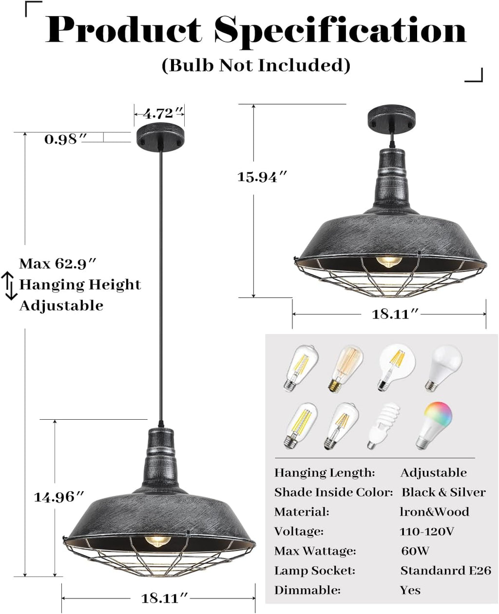 Large Pendant Lights Kitchen Island 1 Pack, 18.1 Inch Oversized Industrial Pendant Light, Black and Silver Barn Pendant Light with Wire Cage, Farmhouse Pendant Lights for Kitchen Barn