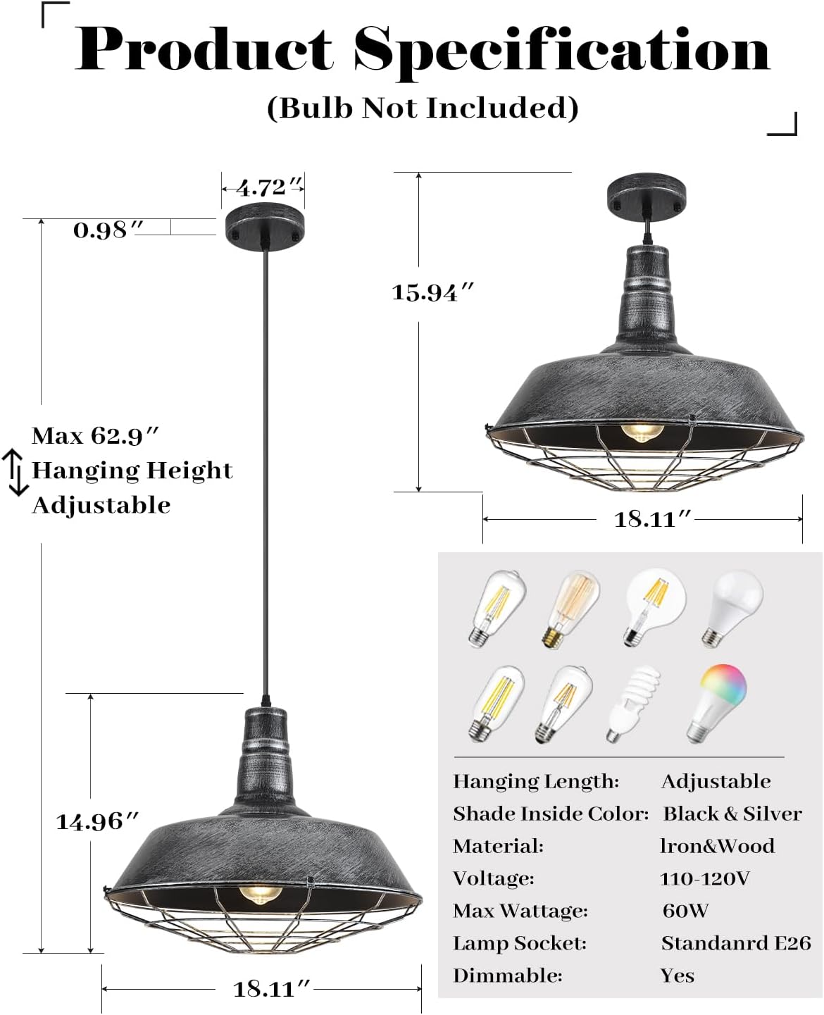 Large Pendant Lights Kitchen Island 1 Pack, 18.1 Inch Oversized Industrial Pendant Light, Black and Silver Barn Pendant Light with Wire Cage, Farmhouse Pendant Lights for Kitchen Barn