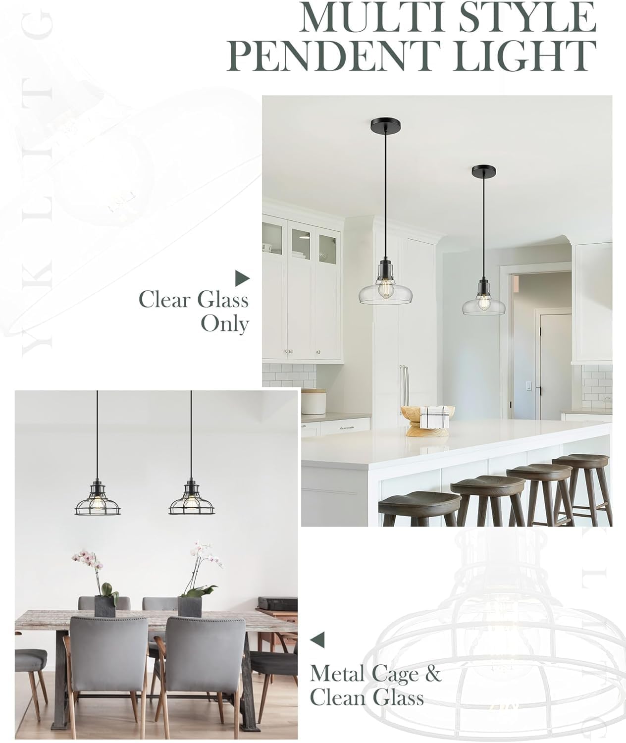 Industrial Pendant Lights Kitchen Island Black 8.7", 2 Pack Hanging Light Fixtures with Clear Glass and Metal Cage, Farmhouse Kitchen Pendant Light for Dining Room, Bedroom, Living Room