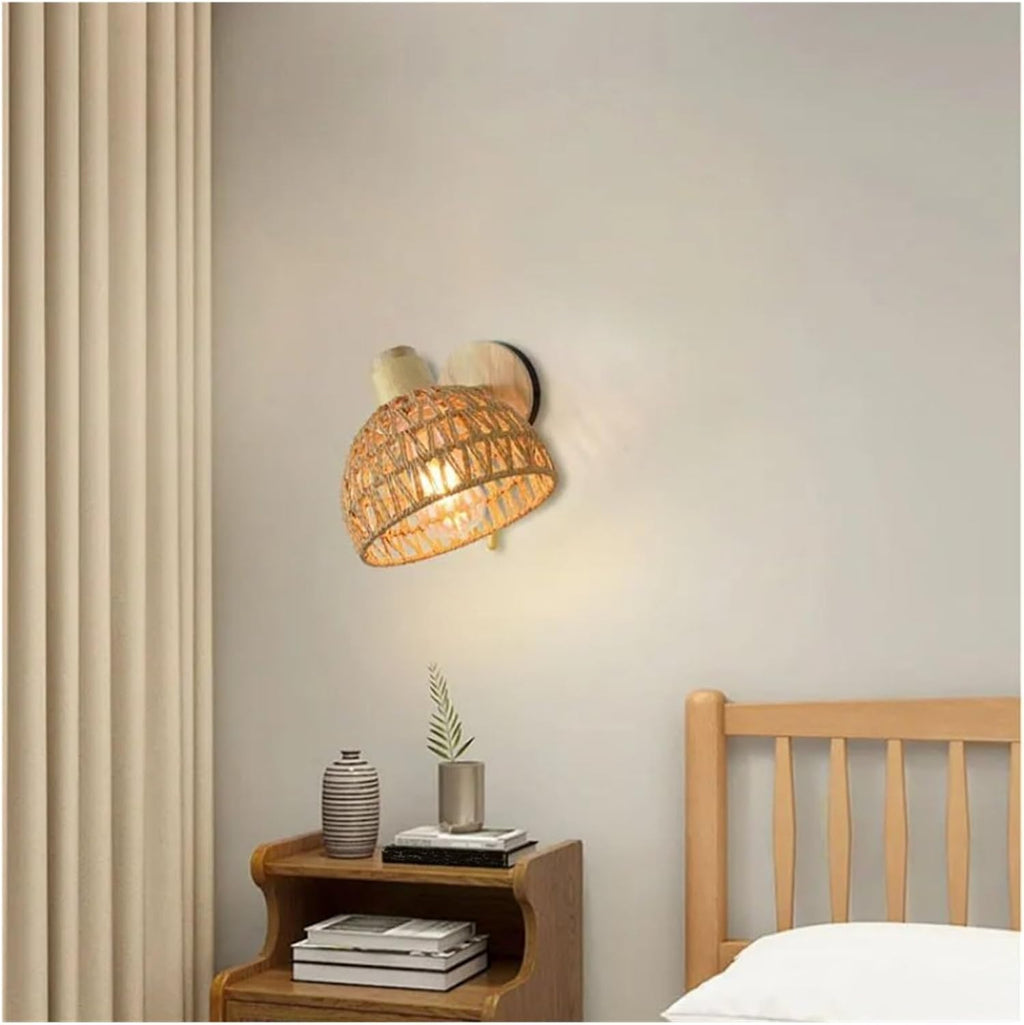 Japanese Rattan Wall Lamp Hand Woven Rural Retro Restaurant Bedside with Zipper Wall Light,Modern